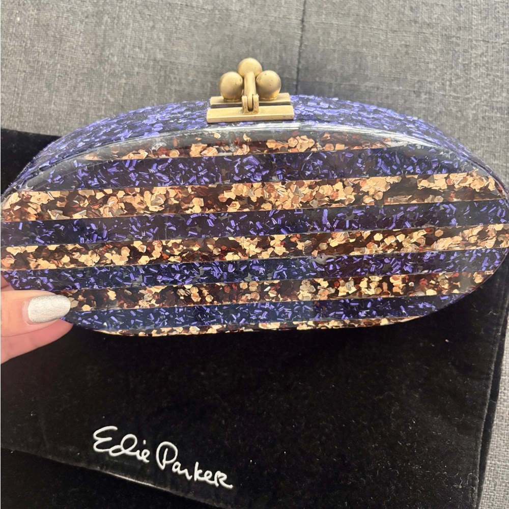 Edie Parker Striped Purple and Gold Clutch